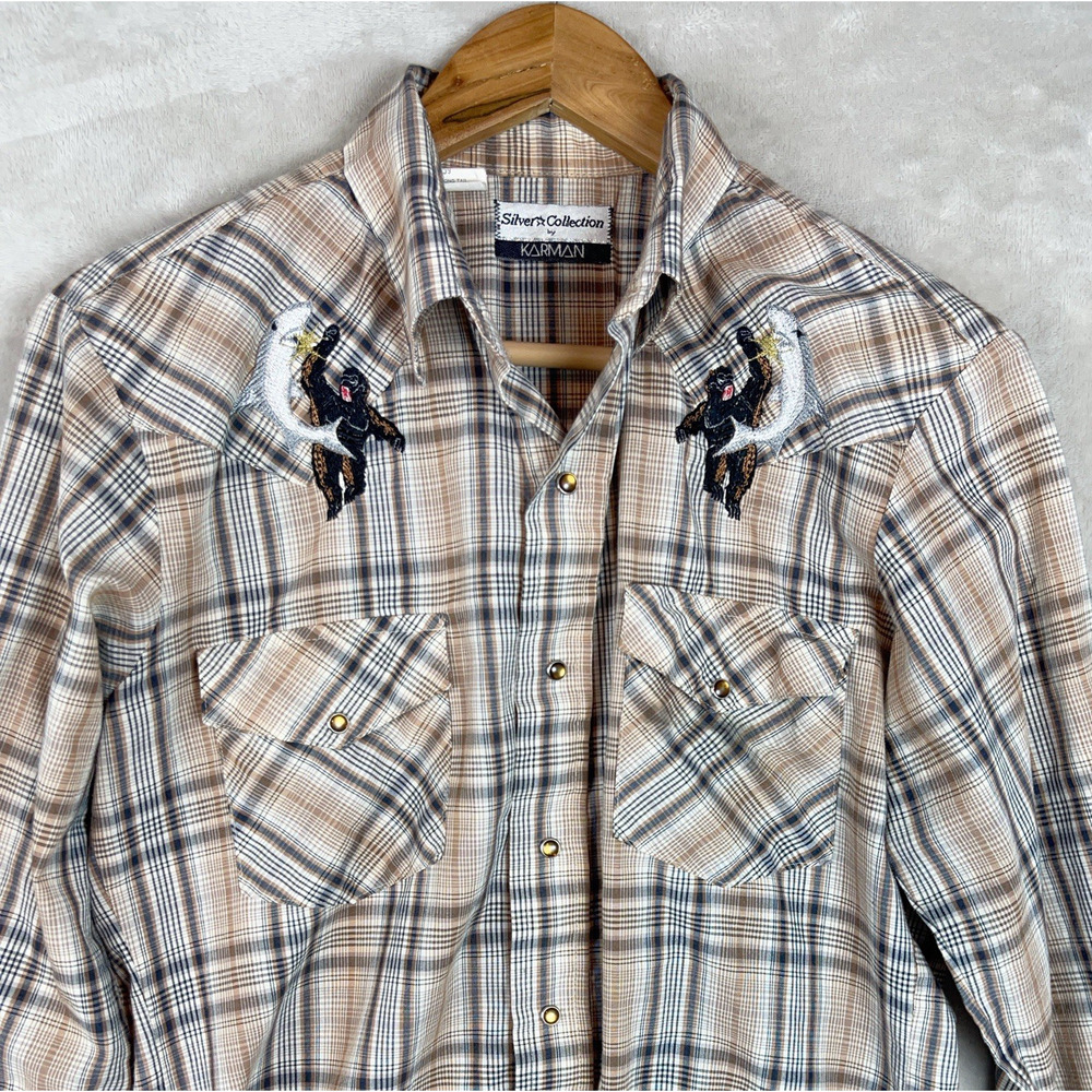 Vtg Karmen Silver Collection Western Shirt Pearl Snap USA Made 15.5/S Americana